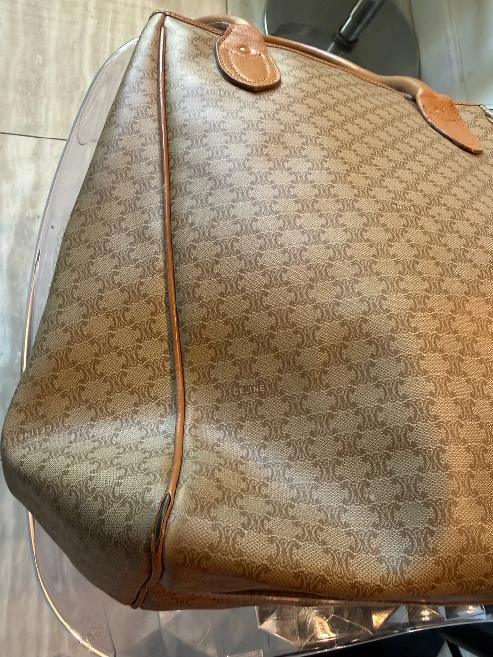 Celine Beige Monogram Tote with Tan Leather Crest